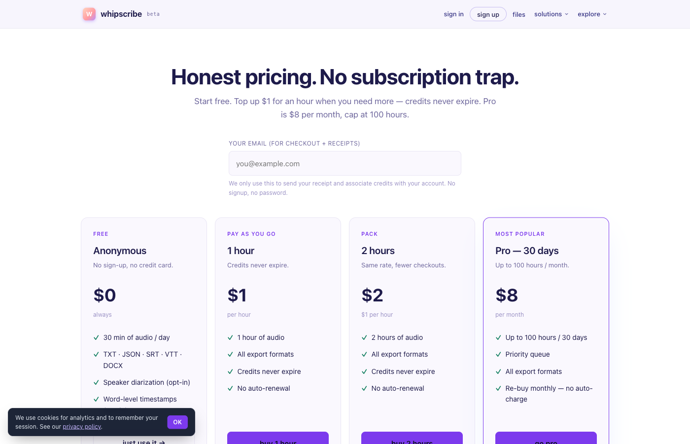 Whipscribe pricing screen — $0 free tier, $1/hour pay-as-you-go, $8/mo pro plan.